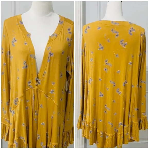Free people Flowy Printed Tunic Marigold/Blue Floral Boho - Picture 3 of 6